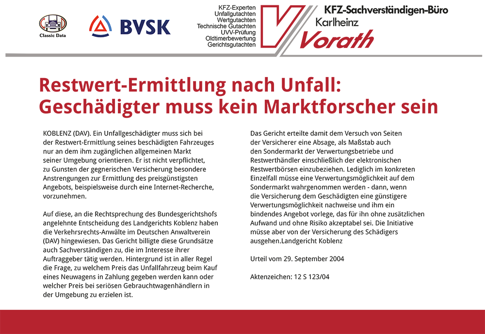 Restwert-Ermittlung nach Unfall: Geschädigter muss kein Marktforscher sein